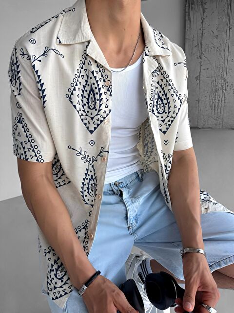 Abluka Online Oversize Keten Görünümlü Desenli Gömlek Krem - S000240446-19966