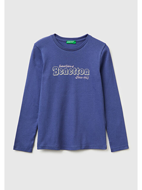 United Colors Of Benetton Kız Çocuk Koyu Lacivert Simli Logo Detaylı Bisiklet Yaka Uzun Kollu T-Shirt
