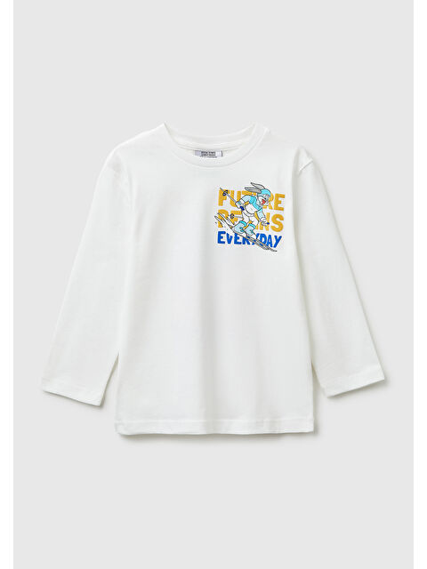 United Colors Of Benetton Erkek Çocuk Beyaz Önü ve Arkası Baskı Detaylı Bisiklet Yaka Uzun Kollu T-Shirt