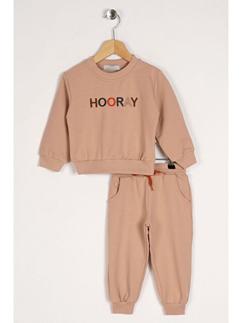 Zepkids Bisiklet Yaka Uzun Kol Hooray Baskılı Bej Renk Erkek Çocuk İkili Takım - S000356739-19928