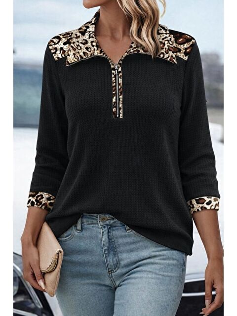 Jane's Kadın Uzun Kollu Leopar Yakalı Fermuarlı Waffle Bluz