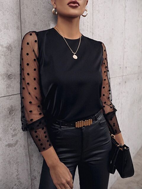 Jane's Kadın Uzun Kollu Bisiklet Yaka Kollar Puantiyeli Tül Detaylı Sandy Bluz