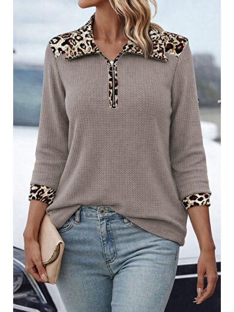 Jane's Kadın Uzun Kollu Leopar Yakalı Fermuarlı Waffle Bluz
