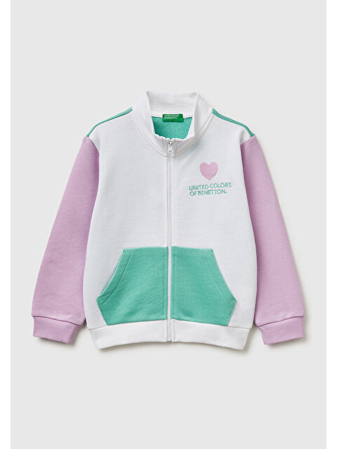 United Colors Of Benetton Kız Çocuk Beyaz Mix Simli Grafik Baskılı Logolu Cepli Fermuarlı Sweatshirt