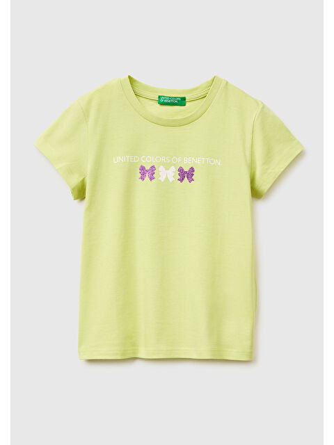 United Colors Of Benetton Kız Çocuk Sarı Simli Grafik Baskılı Kısa Kollu Ribanalı Yaka T-Shirt