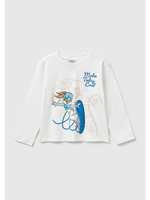 United Colors Of Benetton Kız Çocuk Beyaz Looney Tunes Baskılı Yuvarlak Yaka Uzun Kollu T-Shirt