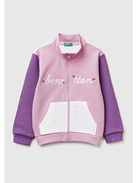 United Colors Of Benetton Kız Çocuk Lila-Beyaz Mix Simli Grafik Baskılı Logolu Cepli Fermuarlı Sweatshirt