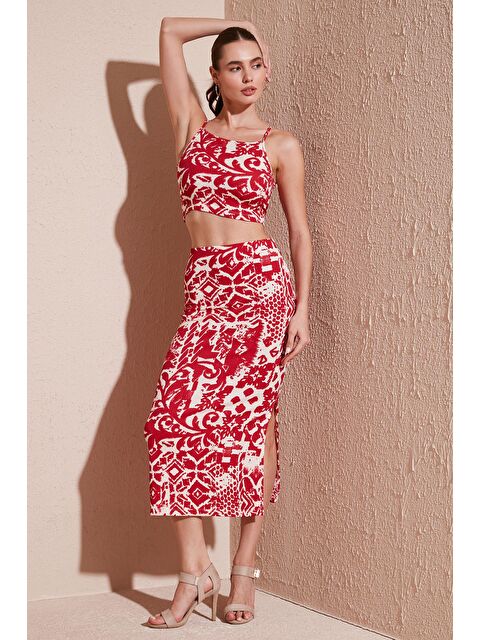 Lela Slim Fit İp Askılı Yırtmaçlı Midi Alt-Üst Takım 5865726 - S000145682-19951