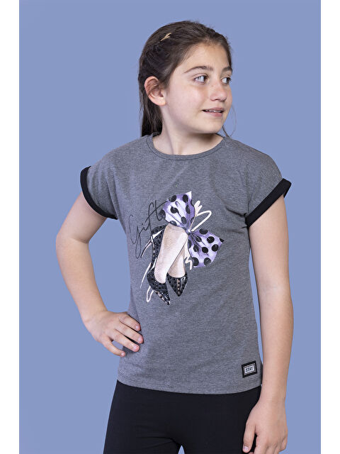 Toontoykids Kız Çocuk Fiyonk Baskılı Kolları Garni Detaylı Tişört