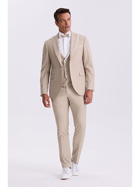 JAKAMEN Vizon Slim Fit Kırlangıç Yaka Yelekli Smokin Damatlık Takım Elbise - S000497638-26429