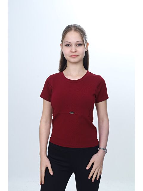 Toontoykids Kız Çocuk Bisiklet Yaka Kısa Kollu Dikiş Detaylı Metal Armalı Tişört 24984