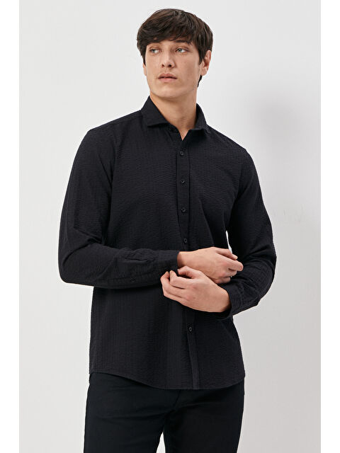 Altınyıldız Classics Erkek Siyah Slim Fit Dar Kesim İtalyan Yaka %100 Pamuk Gofre Gömlek - S000403244-19351