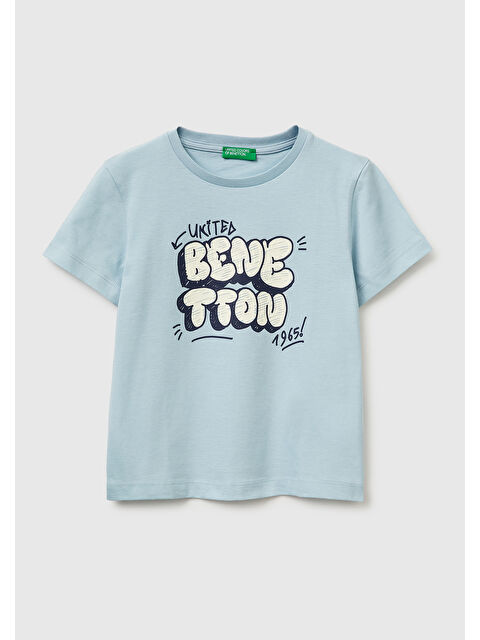 United Colors Of Benetton Erkek Çocuk Buz Mavisi Önü Logo Baskılı Yuvarlak Yaka T-Shirt