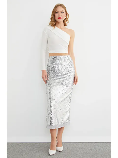 Fullamoda Şifon Detaylı Yırtmaçlı Pul Payet Maxi Etek - S000487615-20600