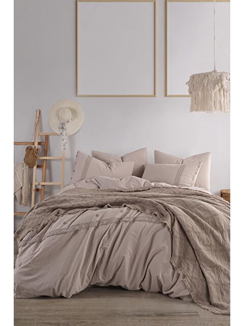 Çeyiz Diyarı Grace 7 Parça %100 Pamuk Çift Kişilik Pikeli Nevresim Takımı Cappucino - S000494920-19413