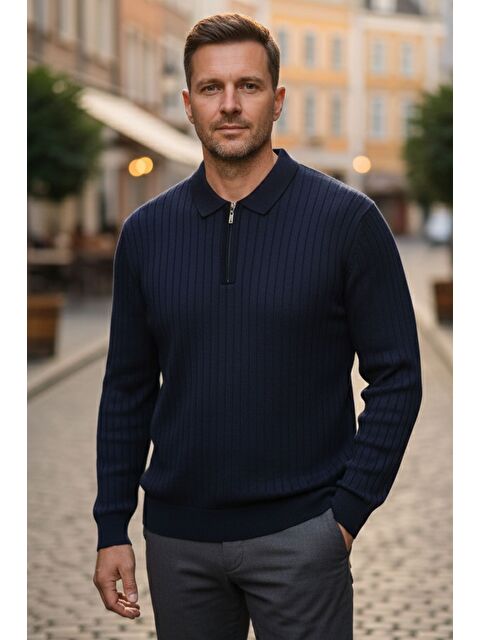 Mishar İtalia Erkek Polo Yaka Yarım Fermuarlı Kendinden Çizgi Desenli Triko Kazak - S000491497-21164