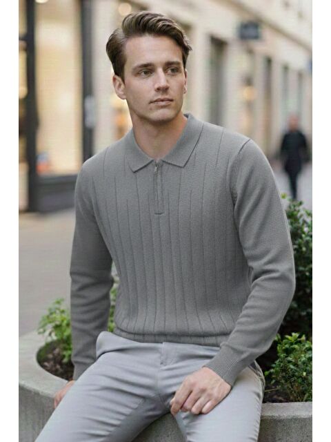 Mishar İtalia Erkek Polo Yaka Yarım Fermuarlı Kendinden Desenli Triko Kazak - S000491498-20600