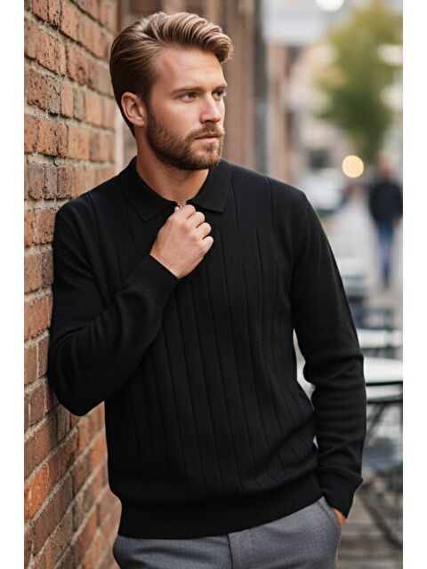 Mishar İtalia Erkek Polo Yaka Yarım Fermuarlı Kendinden Desenli Triko Kazak - S000491498-19351