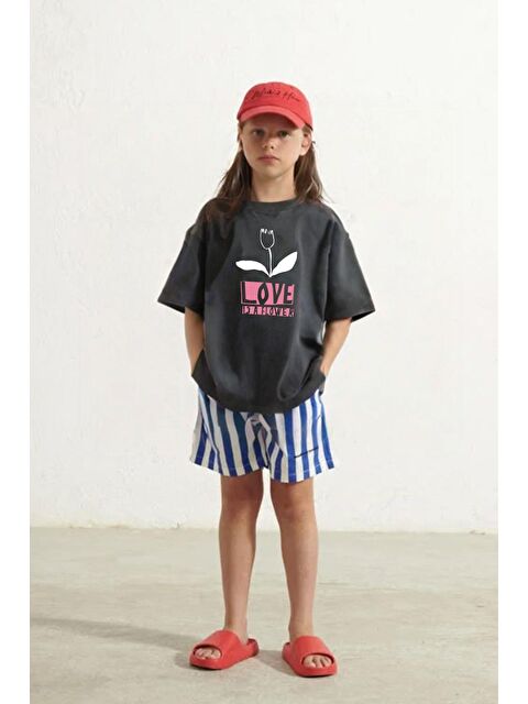 Monila Kız Çocuk  Pamuklu Bisiklet Yaka Çiçek Baskılı T-Shirt - S000518232-29666