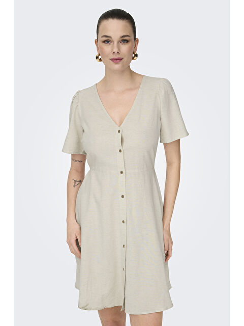 Only Onlvita Keten Karışımlı Regular Fit V Yaka Kısa Kadın Elbise 15317914 - S000385490-25636