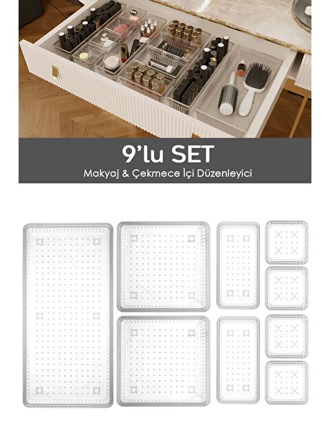 Meleni Home 9lu Çekmece İçi Çok Amaçlı Organizer Kozmetik Takı Makyaj Organizeri Dolap İçi Düzenleyici Şeffaf - S000385491-26865