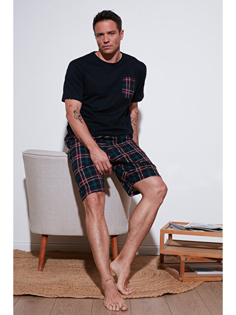 Buratti Kareli Regular Fit Pamuklu Bisiklet Yaka Kısa Kollu Şortlu Pijama Takımı 6572020