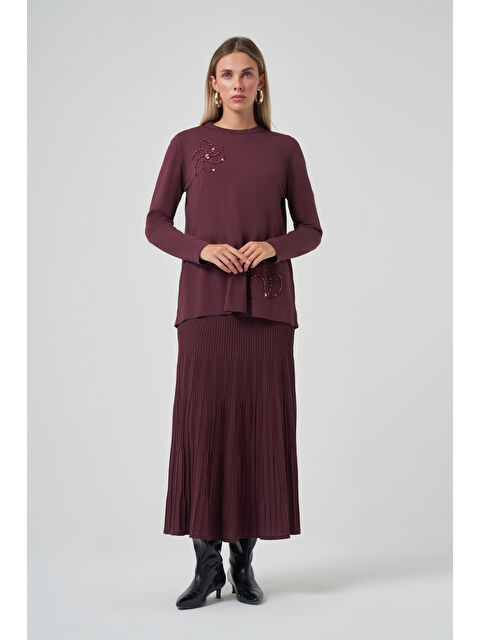 Nuss Taş Detay Etekli Triko Takım 1352 Vişne - S000470811-877