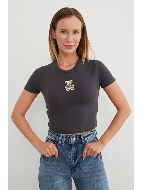 Fullamoda Ayıcık Nakışlı Crop Tişört - S000439978-29666