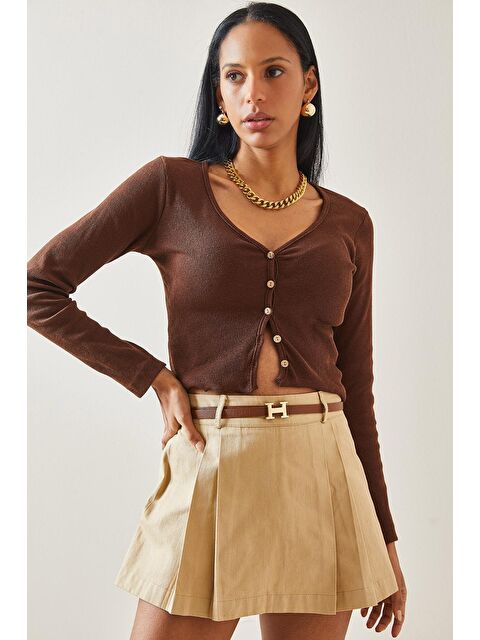 Xhan Kahverengi Düğme Detaylı Kaşkorse Bluz 5YXK2-48302-18 - S000161956-19413