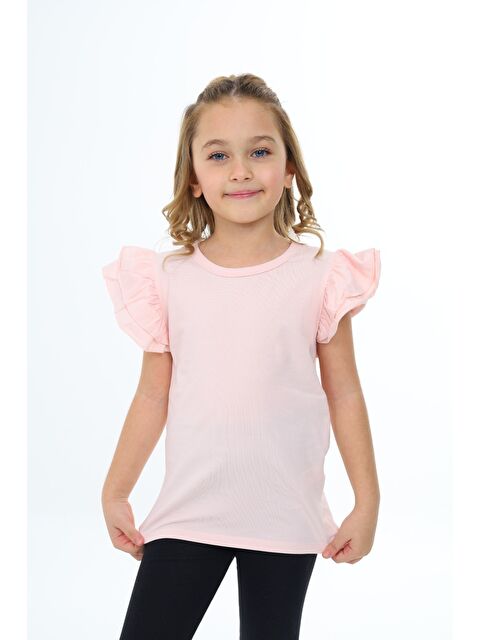 Toontoykids Kız Çocuk Baskılı Bisiklet Yaka Kolu Fırfırlı Tişört