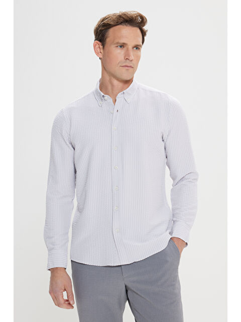 Altınyıldız Classics Erkek Taş Slim Fit Dar Kesim Keten Görünümlü Gofre Desenli Düğmeli Yaka Gömlek
