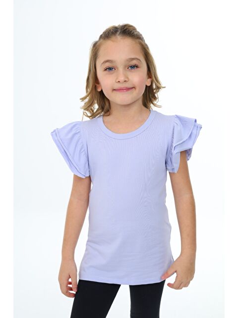 Toontoykids Kız Çocuk Baskılı Bisiklet Yaka Kolu Fırfırlı Tişört