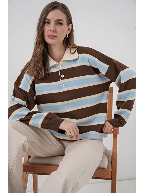 Bigdart Kadın Çizgili Polo Yaka Triko Kazak 15952 - Mavi - S000462877-17234