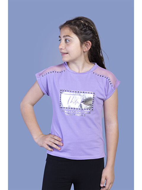 Toontoykids Kız Çocuk Omuzu Tül Detaylı Varak Baskılı Tişört