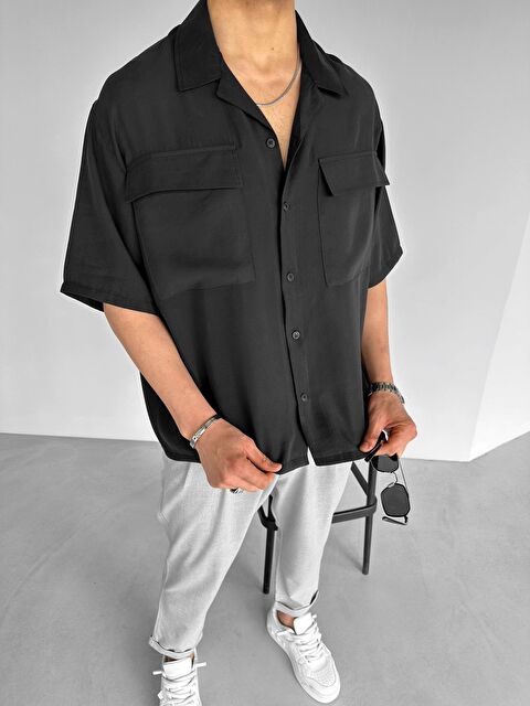 Abluka Online Erkek Extra Oversize İki Cepli Gömlek Siyah - S000203048-19351