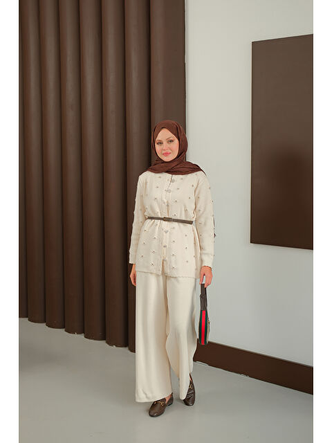 Locco Moda Kadın Kalp Düğme Detay Triko Takım Krem - S000474863-19966