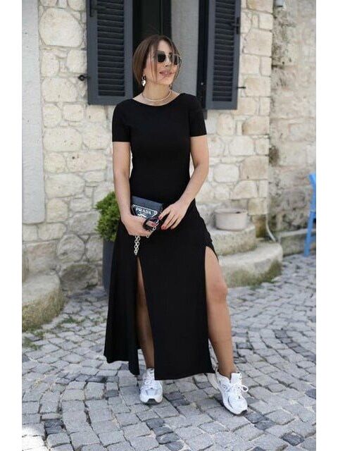 Jane's Kadın Kısa Kollu Sırt Dekolteli Yırtmaç Detaylı Viskon Elbise