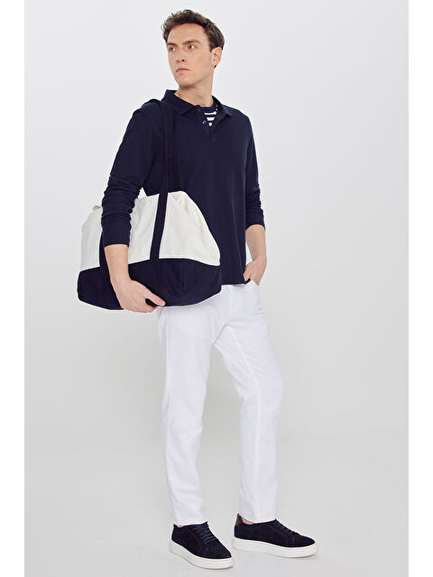 AC&Co / Altınyıldız Classics Erkek Lacivert %100 Pamuk Slim Fit Dar Kesim Polo Yaka Jakarlı Triko Tişört