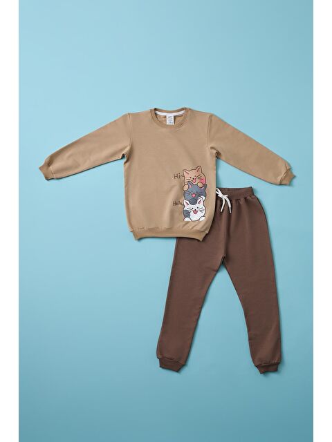 Katia And Bony Çocuk Kedi Baskılı Pijama Takımı Bej - S000375069-19928