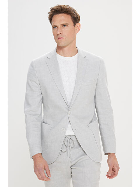 Altınyıldız Classics Erkek Açık Gri Slim Fit Dar Kesim Mono Yaka Desenli Keten Takım Elbise