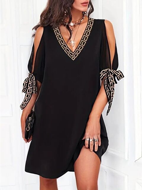 Jane's Kadın Kısa Kollu V Yakalı Kısa Sandy Elbise