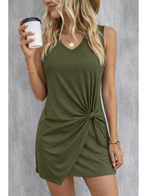 Jane's Kadın Askılı V Yakalı Yandan Asimetrik Detaylı Kısa Viskon Elbise