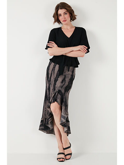 Lela Regular Fit Desenli Yüksek Bel Volanlı Midi Boy Yırtmaçlı Etek 5869013 - S000346515-19351