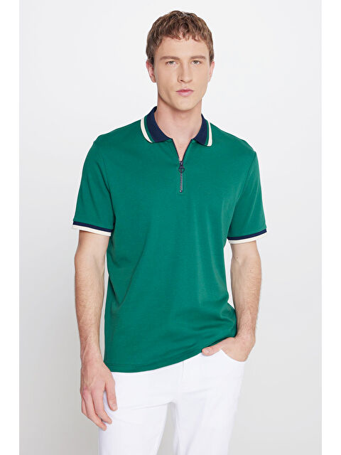 AC&Co / Altınyıldız Classics Erkek Yeşil-Lacivert Regular Fit Geniş Kesim Polo Yaka %100 Pamuk Tişört