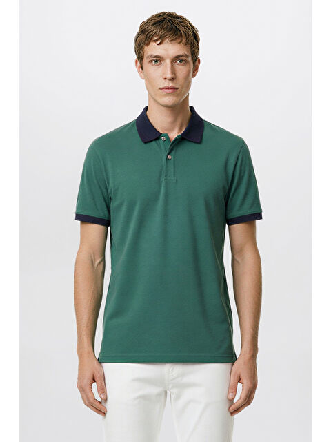 AC&Co / Altınyıldız Classics Erkek Yeşil-Lacivert %100 Pamuk Slim Fit Dar Kesim Polo Yaka Tişört