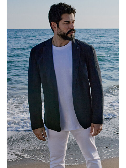 Altınyıldız Classics Erkek Lacivert Slim Fit Dar Kesim Mono Yaka Kapak Cepli Gofre Desenli Blazer Ceket