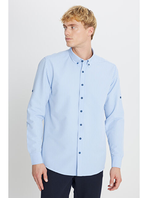 Altınyıldız Classics Erkek Lacivert Tailored Slim Fit Dar Kesim Düğmeli Yaka Gofre Desenli Gömlek