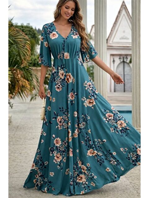 Jane's Kadın Kısa Kollu V Yakalı Desenli Süprem Elbise