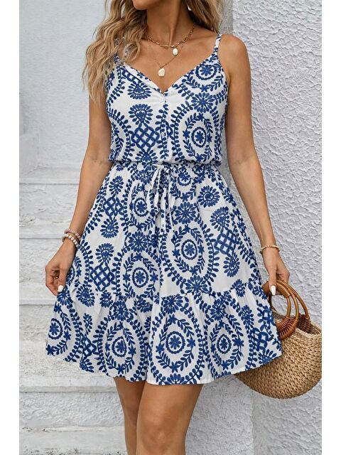 Jane's Kadın Ip Askılı V Yakalı Düğmeli Desenli Kısa Süprem Elbise