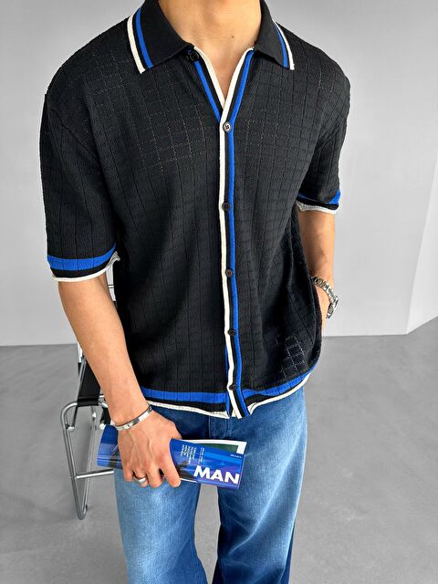 Abluka Online Erkek Oversize Örme Desenli Gömlek Siyah - S000240436-19351